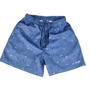 Huk Fish Boat Pattern Blue Swim Shorts Mens M Performance‎ Trunks Board